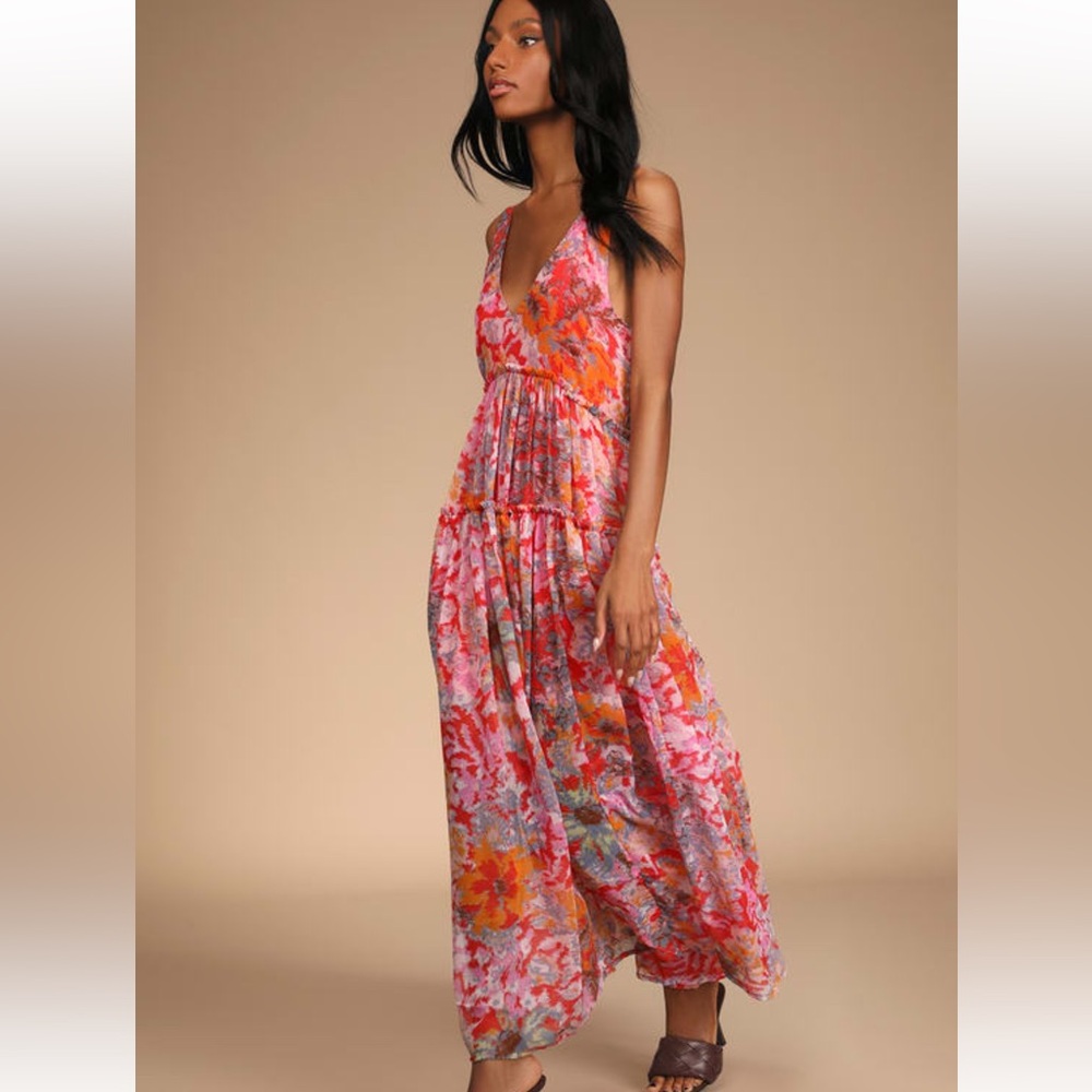 Free People Julianna Red Multi Tiered Ruffled Maxi Dress